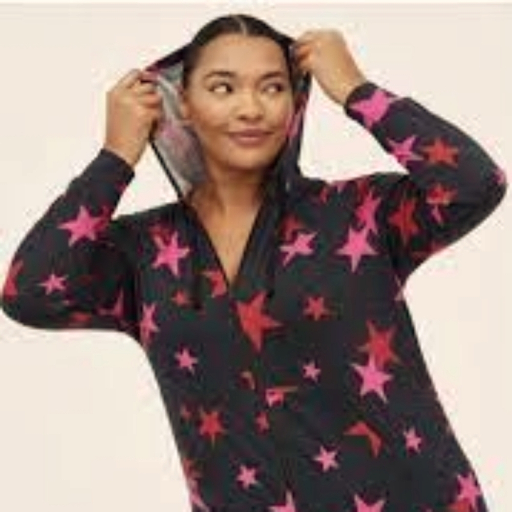 🌸Starry Black Hooded Fleece Onsie with Pink and Red Star C Print IMAGES SOON